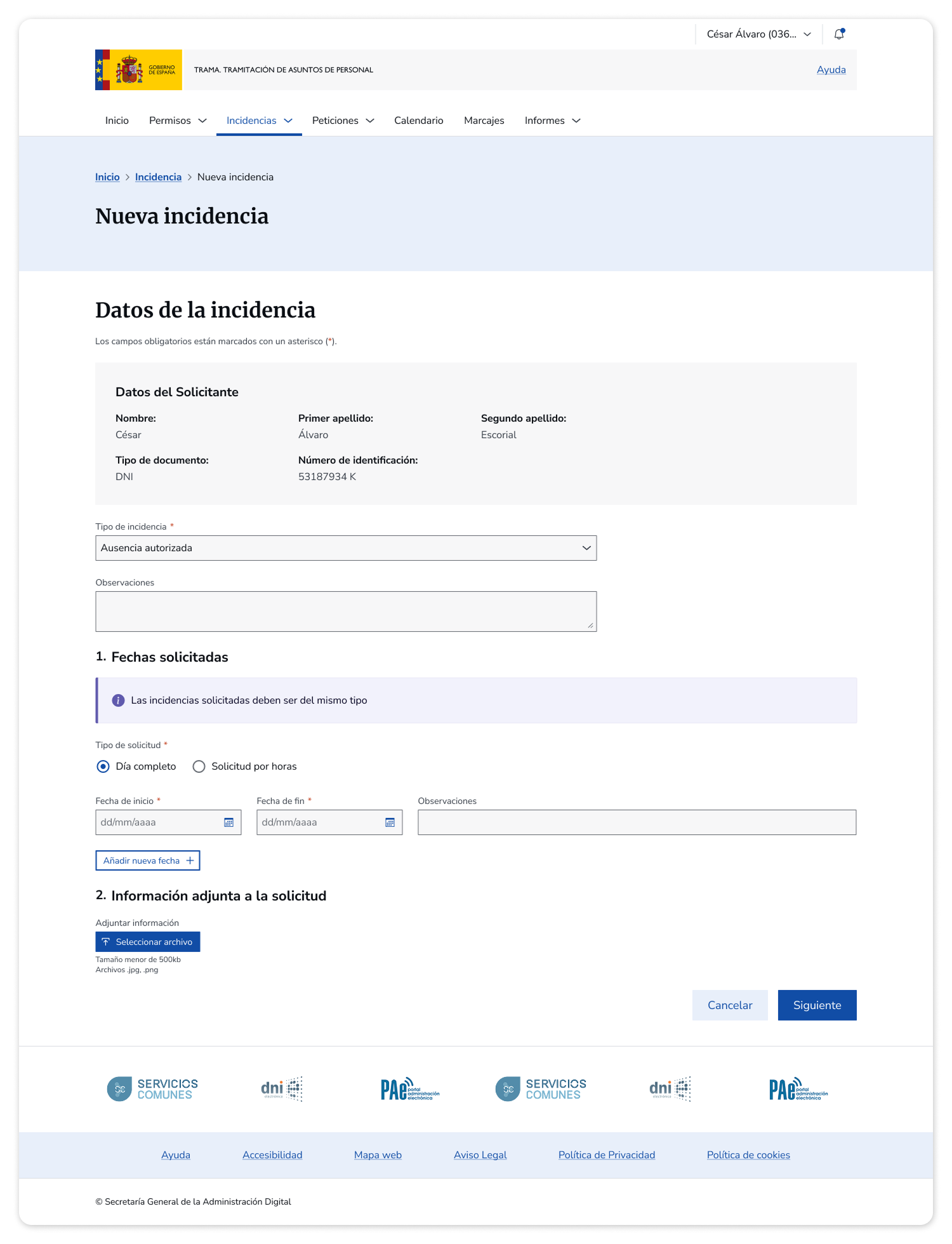 Formulario de nueva incidencia: wizard step-by-step